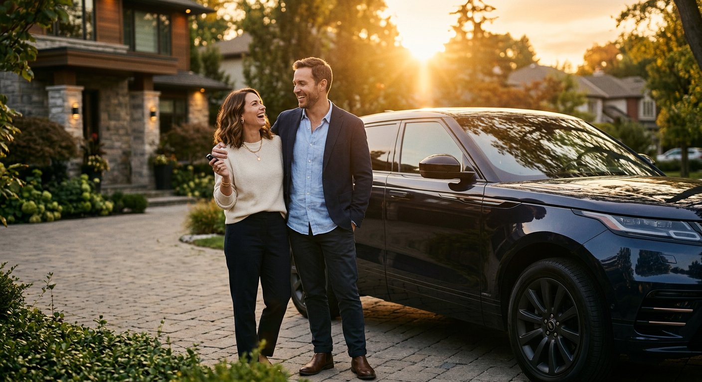 A couple beside their new car at golden hour