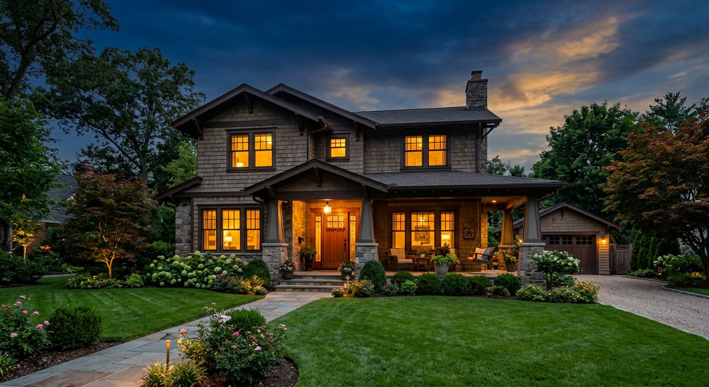A family home glowing warmly at dusk