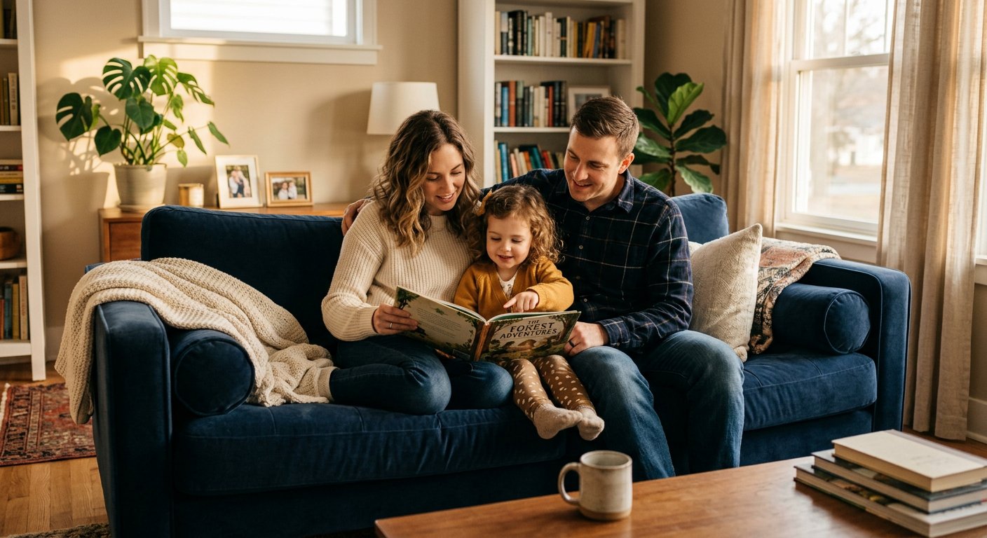 A young family spending time together at home